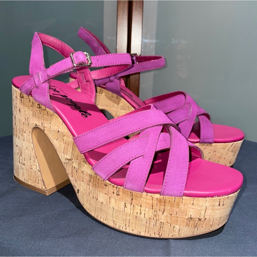 Free People Lisbon Purple Suede Cork Platform Strappy Chunky Sandals Size 11 New